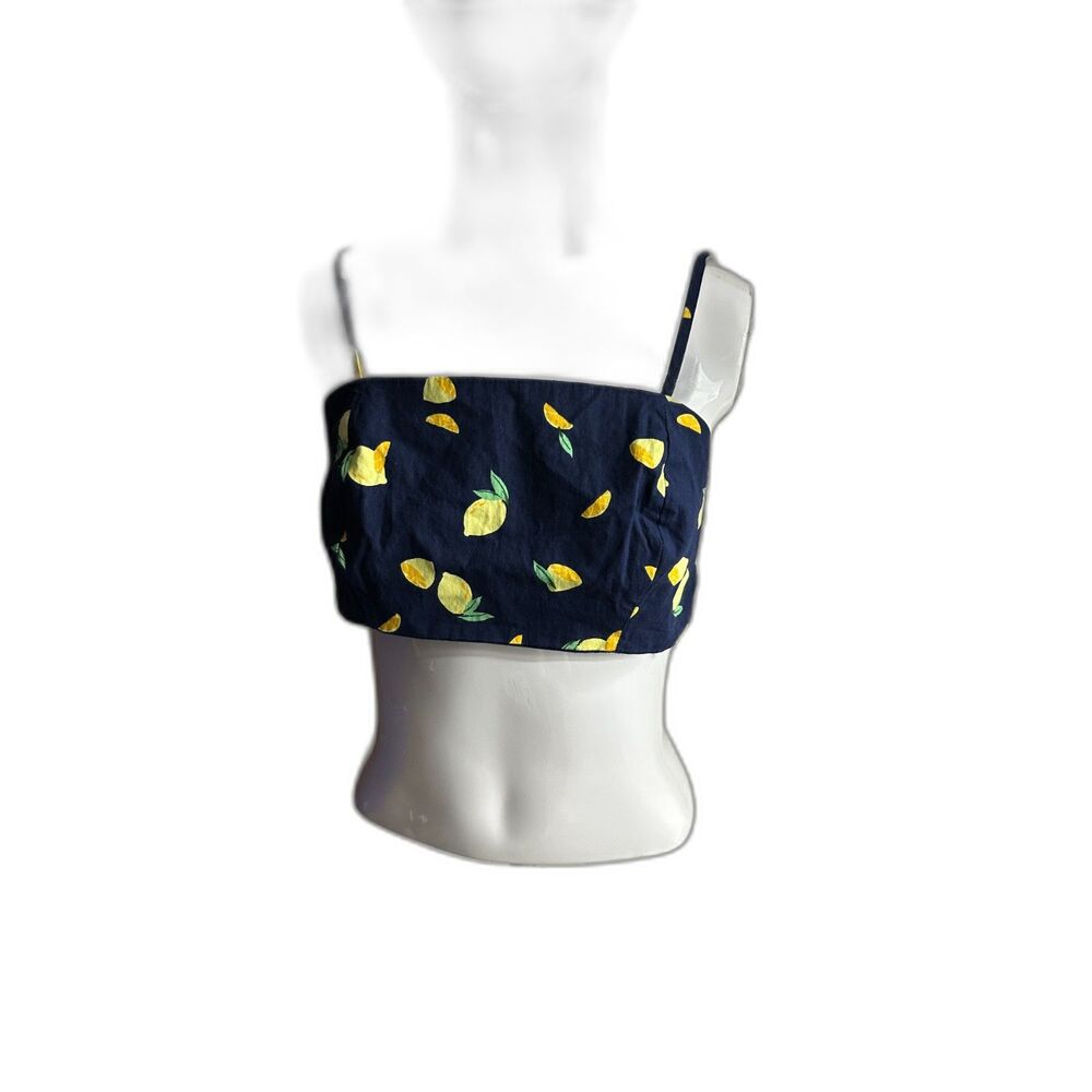 Women's Top Lemon Print Navy Crop Top SZ M* Knots in Back Adjustable Straps EUC